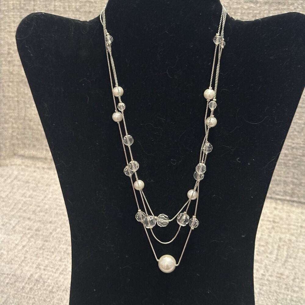 Layered NY Faux Pearl & Crystal Clear Beaded Necklace, Silver Tone Lobster Claw